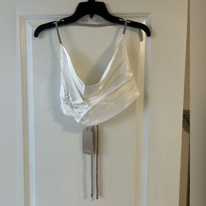 White Satin Cowl Neck Top with Chain Straps